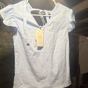 OYA  L Blue Solid V-Neck Short Sleeve Tie Back Blouse New w/Tags
